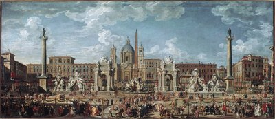 Preparativos para os fogos de artifício e decorações da festa dada em Roma em comemoração ao nascimento do golfinho Louis de France (óleo sobre tela de Giovanni Paolo Pannini