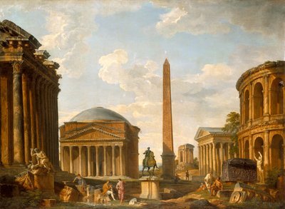 Capriccio Romano: O Panteão e Outros Monumentos (óleo sobre tela) de Giovanni Paolo Pannini