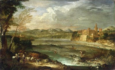 O Vale de Trebbia com o Castelo de Rivalta, c. 1720 de Giovanni Paolo Pannini