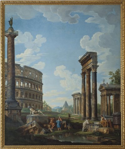Um capriccio com figuras em ruínas romanas, incluindo o Arco de Constantino e o Panteão, o Coliseu e a Coluna de Trajano (Colonna Traiana) - Pintura de Giovanni Paolo Panini (Pannini) (1691-1765), óleo sobre tela, 210,8x1 de Giovanni Paolo Pannini