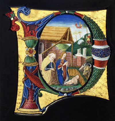 Um grande "P" inicial historiado, representando um presépio, c.1490 de Giovanni Pietro Medici Da Crema