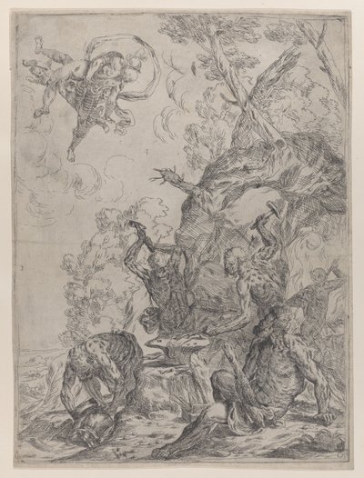 A forja de Vulcano com ferreiros golpeando uma bigorna com martelos..., 1640-59. de Giovanni Pietro Possenti