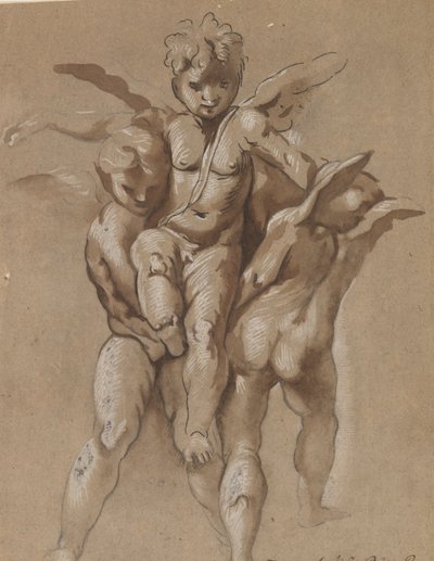 Dois Putti Carregando um Terceiro Putti (reto); Um Jovem com Cajado (verso) de Giovanni Pietro Possenti