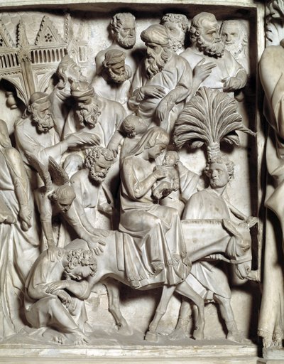 Detalhe dos relevos da cadeira realizados por Giovanni Pisano (1248-1314): Detalhe dos relevos do púlpito de mármore, voo para o Egipto 1302-1311 Cathedrale de Pisa (Duomo di Pisa), Itália de Giovanni Pisano