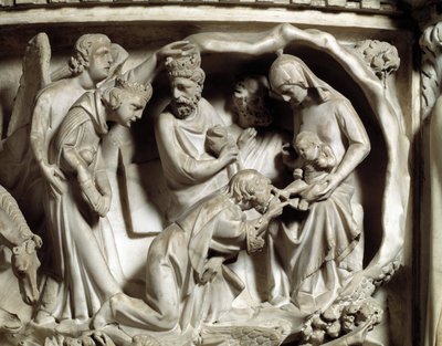 Detalhe dos relevos da cadeira realizados por Giovanni Pisano (1248-1314): Detalhe dos relevos do púlpito de mármore, a adoração dos magos 1302-1311 Catedral de Pisa (Duomo di Pisa), Itália de Giovanni Pisano