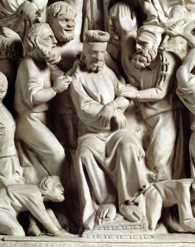 Detalhe dos relevos da cadeira realizados por Giovanni Pisano (1248-1314): Detalhe dos relevos do púlpito de mármore, jesus escarnecido 1302-1311 Catedral de Pisa (Duomo di Pisa), Itália de Giovanni Pisano