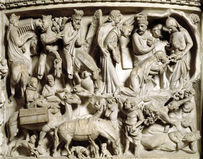 Detalhe dos relevos da cadeira realizada por Giovanni Pisano (1248-1314): a viagem e a adoração dos magos (Detalhe dos relevos do púlpito de mármore, a viagem e a adoração dos magos) 1302-1311 Catedral de Pisa (Duomo di Pisa), Itália de Giovanni Pisano
