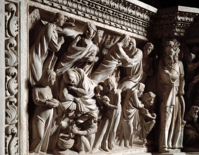 Detalhe dos relevos da Cadeira realizados por Giovanni Pisano (1248-1314): o anúncio, a visitação e o nascimento de João Batista (Detalhe dos relevos do púlpito de mármore, anúncio, visitação e nascimento de São João Batista) 1302-1311 Cath de Giovanni Pisano
