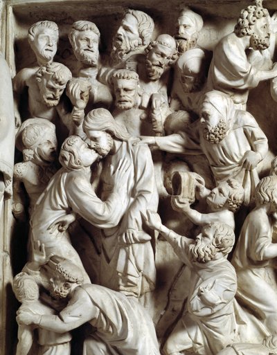 Detalhe dos relevos da cadeira realizada por Giovanni Pisano (1248-1314): o beijo de Judas (Detalhe dos relevos do púlpito de mármore, beijo de Judas) 1302-1311 Catedral de Pisa (Duomo di Pisa), Itália de Giovanni Pisano