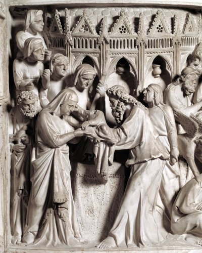 Detalhe dos relevos da Cadeira realizada por Giovanni Pisano (1248-1314): a apresentação de Jesus no templo (Detalhe dos relevos do púlpito de mármore) 1302-1311 Catedral de Pisa (Duomo di Pisa), Itália de Giovanni Pisano