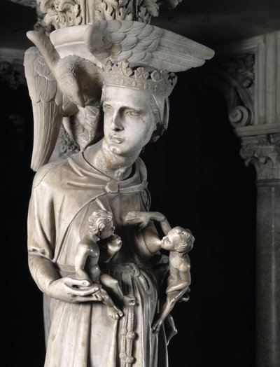 Detalhe dos grupos esculpidos de apoio à Cadeira realizados por Giovanni Pisano (1248-1314): a Igreja alimentando os seus filhos (Detalhe das esculturas de apoio ao púlpito de mármore, a Igreja alimenta os seus filhos) 1302-1311 Cathedrale de Pisa (Duomo d de Giovanni Pisano