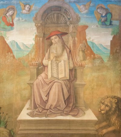 São Jerónimo Entronizado (tempera no painel) de Giovanni Santi or Sanzio
