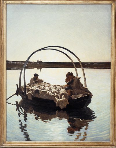 Ave Maria: uma mãe segurando seu filho contra si com um rebanho de ovelhas em uma balsa cruzando um rio de Giovanni Segantini