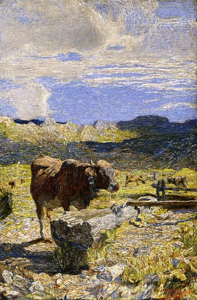 Vaca marrom, bebendo de uma calha, 1892 de Giovanni Segantini