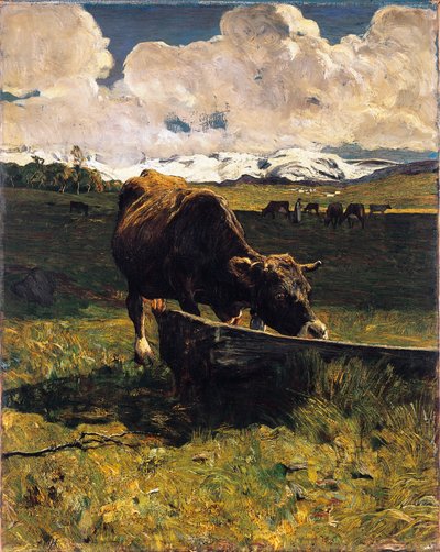 Vaca castanha no cocho de Giovanni Segantini (1858-1899), óleo sobre tela, 88x69 cm de Giovanni Segantini