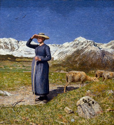 Meio-dia nos Alpes Uma bergere a proteger os olhos do sol. Pintura de Giovanni Segantini (1858-1899) 1891 Sol. 7,5x71,57 cm Coleção O. Fischebacher de Giovanni Segantini