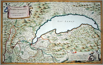 Lago Genebra, a partir de um livro de dois volumes de Savoy e Piemonte, gravado por Joannes de Broen (1649-c.1730) de Giovanni Tommaso (after) Borgionio