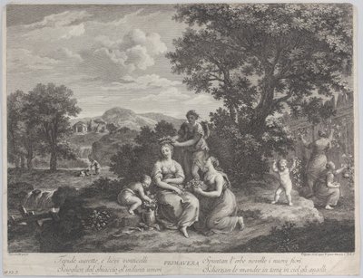 Primavera, um grupo de mulheres coletando flores e fazendo coroas com elas, ca. 1764. de Giovanni Volpato