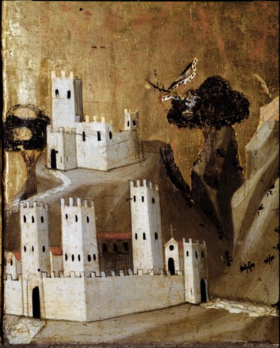 retábulo Rinuccini: Virgem e Criança com Santos - Detalhe da predela que representa uma cidade - tempera em painel de Giovanni da Milano