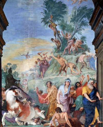 As musas e poetas caçadas do Parnassus (musas e poetas expulsos do Parnassus) Detalhe fresco por Giovanni da San Giovanni (1592-1636) 1634-1642 Museo degli argenti, Palazzo Pitti, Florença de Giovanni da San Giovanni
