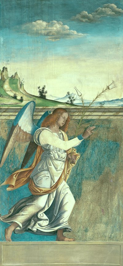 Anjo Gabriel, painel de anunciação que originalmente formava uma das persianas externas do órgão em San Bartolomeo, Vicenza (têmpera sobre tela) (ver 183650) de Giovanni de