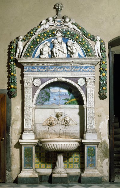 Fonte decorativa com alto relevo em mármore e terracota de Giovanni della Robbia (1469-1529) 1498. Sacristia de Santa Maria Novella, Florença de Giovanni della Robbia