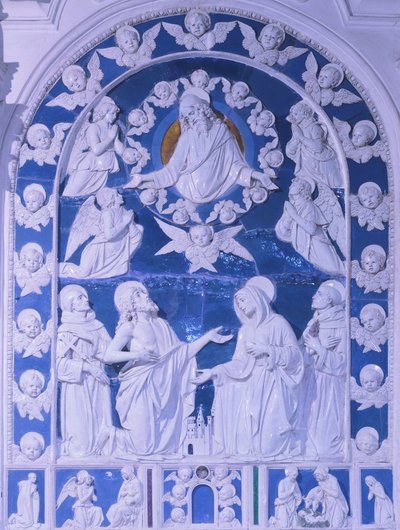 A Madona entre os Santos Francisco, Domingos e Bernardo, de Giovanni della Robbia (1469-1529), Igreja de São Francisco em Foiano della Chiana, Toscana de Giovanni della Robbia