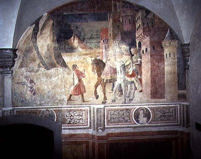 S. Bento Saindo de Casa, detalhe do ciclo afresco da Vida de S. Bento do Chiostro degli Aranci (Claustro das Laranjas) c.1430