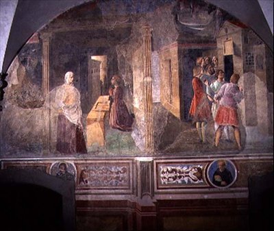 São Bento Remendo a Peneira Quebrada, detalhe do ciclo afresco da Vida de São Bento do Chiostro degli Aranci (Claustro das Laranjas) c.1430
