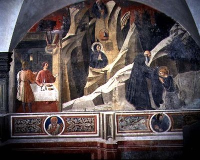 Pão e Manto de São Bento do Eremitério Romano, detalhe do ciclo afresco da Vida de São Bento do Chiostro degli Aranci (Claustro das Laranjas) c.1430