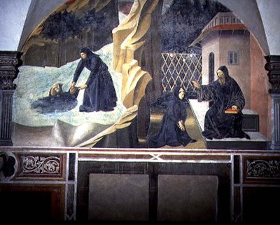 São Bento Enviando Mauro para salvar o Plácido Afogado do Lago, detalhe do ciclo afresco da Vida de São Bento do Chiostro degli Aranci (claustro das laranjas) c.1430