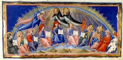 Paradiso, Canto X. Beatriz e Dante pairam ao lado do Céu do Sol ao encontro daqueles que se distinguem pela sua sabedoria. São saudados por São Tomás de Aquino com Albertus Magnus. Abaixo estão sentados dez representantes da sabedoria; Bede, Santo Ambrósio de Giovanni di Paolo