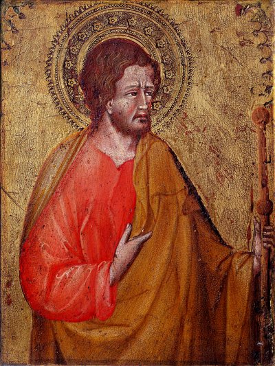Representação de São Tiago o Pelerin Este é São Tiago o Major ou São Tiago, filho de Zebedeu. Pintura de Giovanni di Paolo (1395/1400-1482) Assis do século XV, Museo del Tesoro della Basilica di San Francesco e Collezione Perkins de Giovanni di Paolo