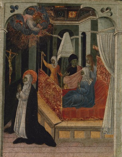 Santa Catarina de Siena suplicando a Cristo para ressuscitar sua mãe, ca. 1447-65. de Giovanni di Paolo
