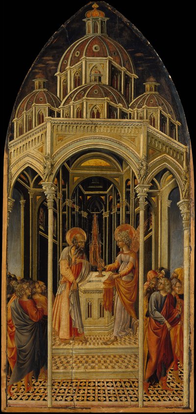 A Anunciação a Zacarias, verso O Anjo da Anunciação, ca. 1455-60. de Giovanni di Paolo