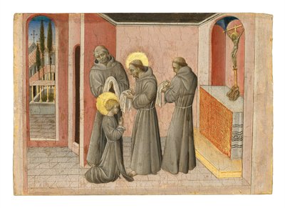 A investidura de Santa Clara: a Santa a receber a roupa da sua Ordem de São Francisco, c.1389-1482 (tempera e ouro no painel) de Giovanni di Paolo