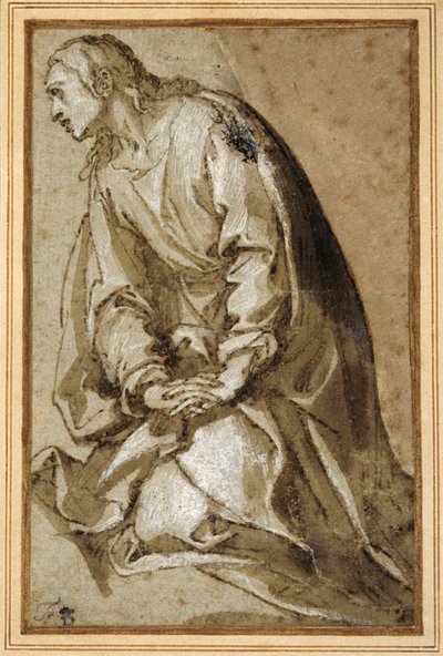 Uma jovem santa ajoelhada em oração (caneta e tinta castanha com lavagem castanha e altura) de Girolamo (circle of) Muziano