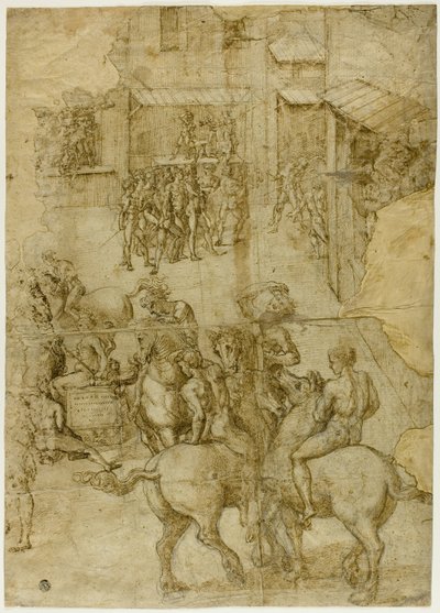 Concurso Mitológico (reto); Inscrições ilegíveis e estudos anatômicos da cabeça (verso) de Girolamo Genga