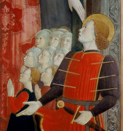Detalhe de São Sebastião, Madonna della Misericordia com São Venâncio e São Sebastião, 1463 de Girolamo Giovanni