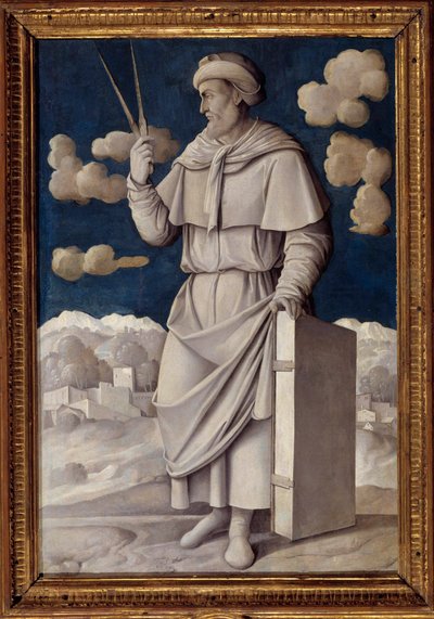 Retrato no pé de Euclides (325-265 a.C.), matemático grego Pintura de Girolamo Mocetto (1458-1531) 1531 Paris. Musee Jacquemart André - Retrato completo de Euclides (325-265 a.C.), matemático inglês. Pintura de Girolamo Mocetto (1458-1531) de Girolamo Mocetto