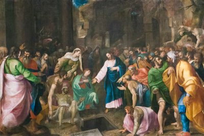 Ressurreição de Lázaro, c.1555 (óleo sobre tela) de Girolamo Muziano