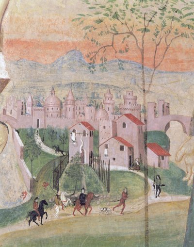 Vista da cidade de Prato, detalhe da crucificação, da casa capitular, 1509 de Girolamo Ristori