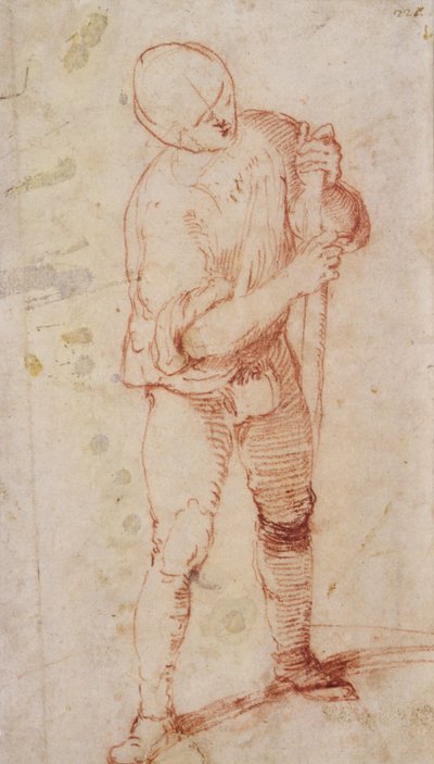 Um homem em pé segurando um bastão (giz sobre papel) de Girolamo Romanino