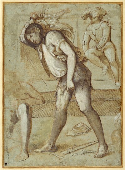 Um carrasco sobre ot decapitar um santo barbudo (caneta e tinta castanha com lavagem castanha elevada com cor de corpo branco sobre giz vermelho em carta azzurra) de Girolamo Romanino