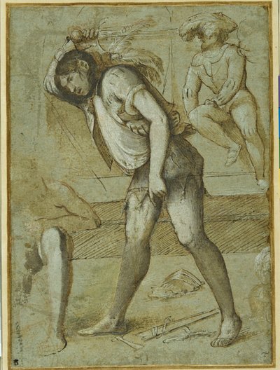 Um carrasco prestes a decapitar um santo barbado (caneta e tinta castanha com lavagem e cor do corpo branca sobre papel) de Girolamo Romanino