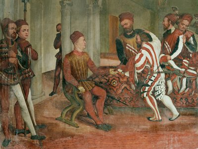 Mercadores presenteiam Bartolomeo Colleoni com roupas e tapetes (fresco) de Girolamo Romanino