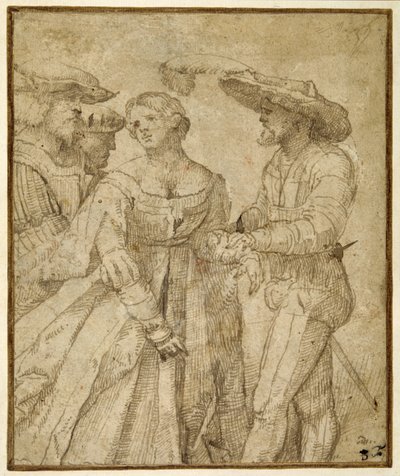 Cena de galanteria: quatro figuras de pé sobre um fundo de paisagem (caneta e tinta castanha sobre papel de palha) de Girolamo Romanino