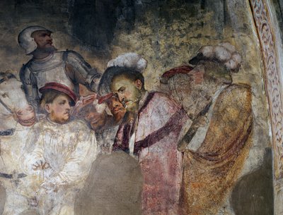 Soldado com armadura e homens com chapéus, detalhe de um afresco de Girolamo Romanino (ca. 1484- depois de 1562), a parede esquerda do presbitério da Igreja de Santo Antônio Abade, Breno. Itália de Girolamo Romanino
