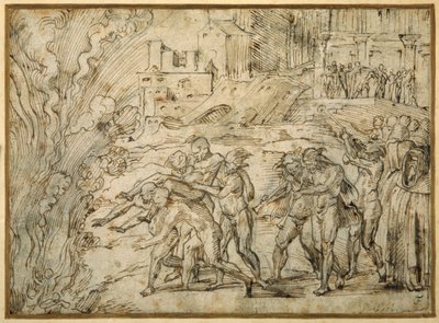 A pira levantada perante as tropas de Aníbal na queda de Saguntum (caneta e tinta castanha com lavagem castanha) de Girolamo Romanino