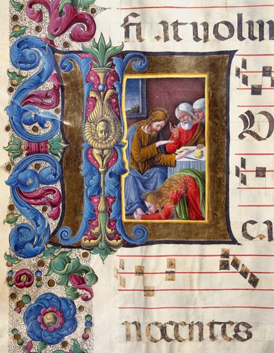 Decoração em papel timbrado representando Maria Madalena aos pés de Jesus Miniatura de Girolamo da Cremona (ativo por volta de 1451-1483) e Liberale da Verona (1445-1529) de um coro (Cod. 22/7. c.15v) da Catedral de Siena. Catedral do século XV (Duomo) de de Girolamo da Cremona